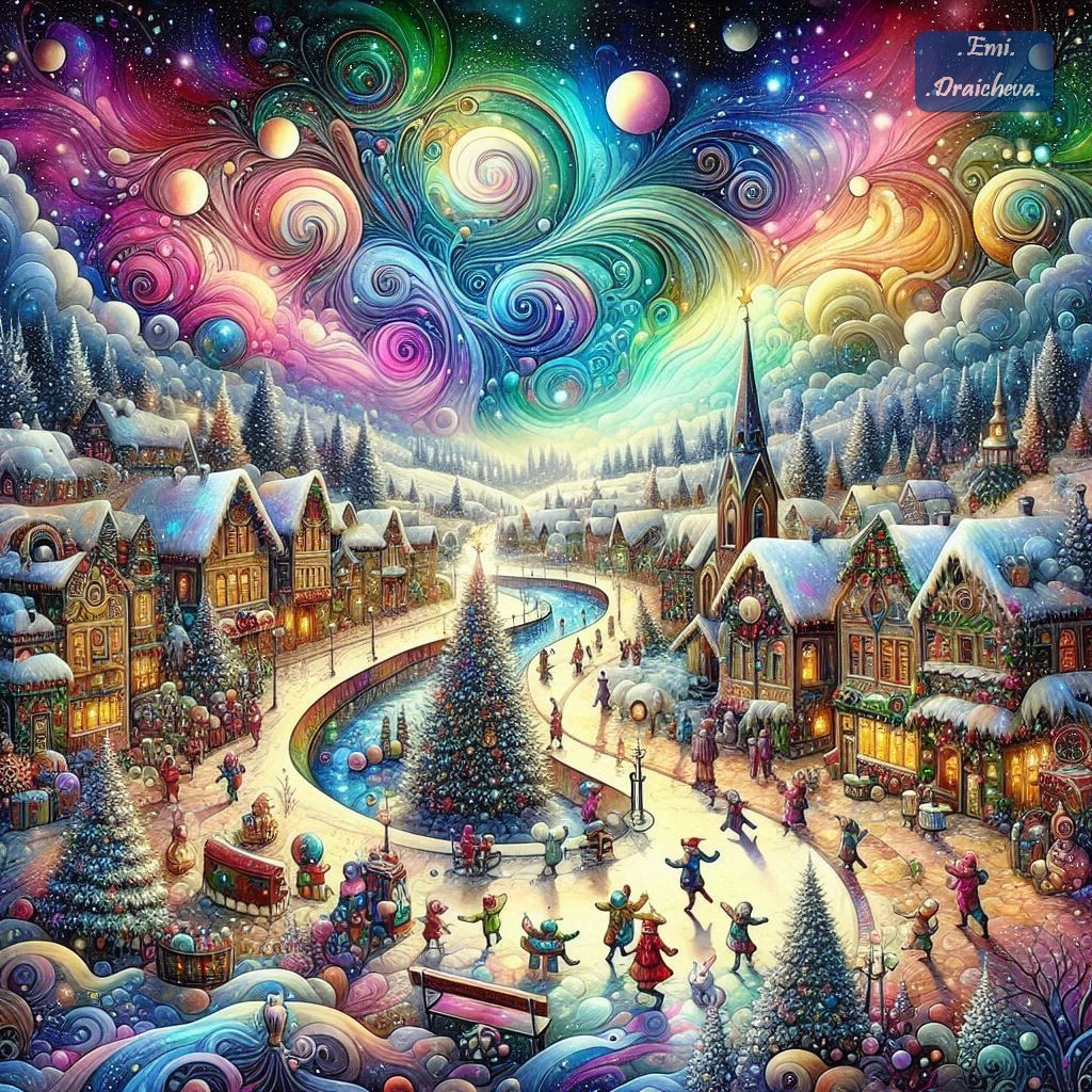 Colorful fantasy winter village with skaters, a Christmas tree, snowy cottages, and a swirling cosmic sky