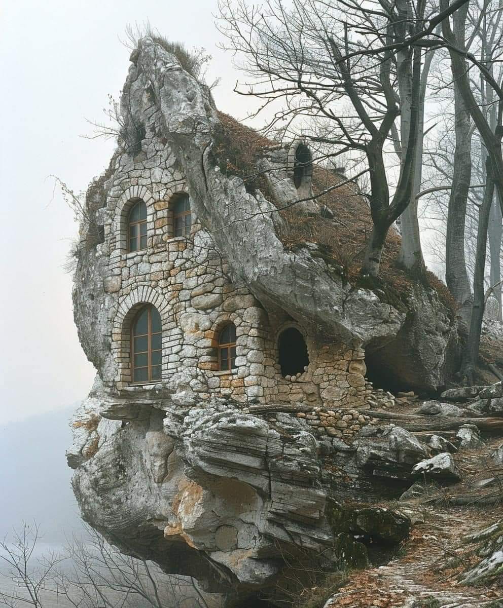 Stone house carved into a rocky cliff face surrounded by leafless trees in fog