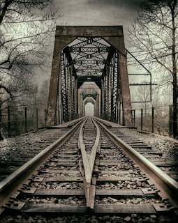 Railroad tracks converging through vintage steel trestle bridge framed by bare winter trees in monochrome