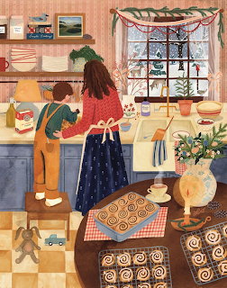 Folk art painting of woman and child baking cinnamon rolls in rustic kitchen
