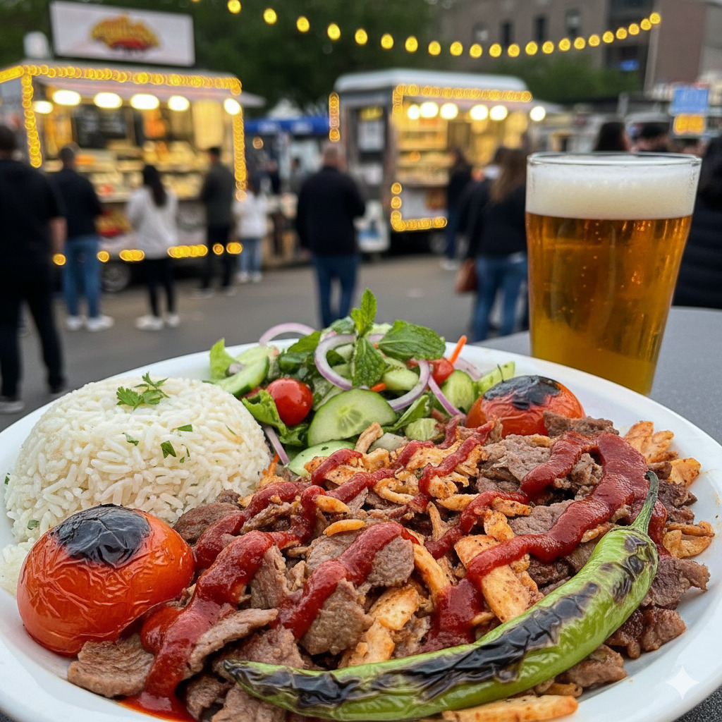 Plate of kebab with rice, salad, grilled vegetables, and a glass of beer at an outdoor market