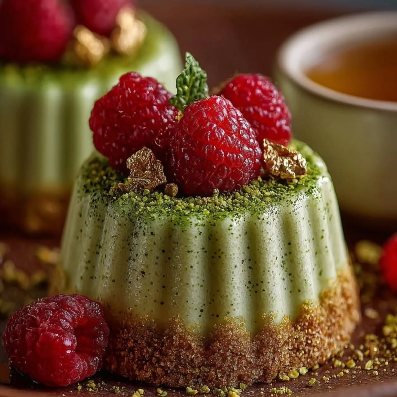 Green pistachio mousse cake with raspberries and chocolate, served with tea