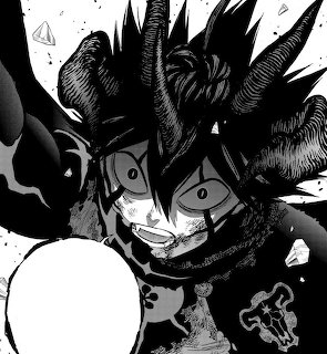 Manga drawing of Asta from Black Clover in demon form with horns and spiky hair lunging forward