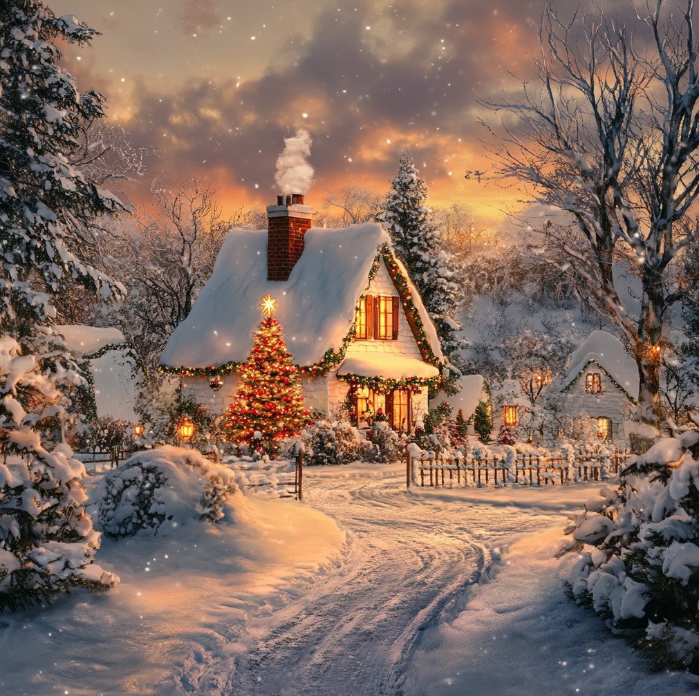 Snow-covered cottage with lit Christmas tree and glowing windows surrounded by snowy evergreen trees at sunset