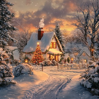 Snow Cottage Christmas Evening