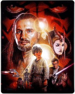 Star Wars Episode I movie poster with multiple characters layered on red space background