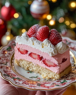 Hand holding a floral plate with a strawberry mousse cake slice topped with whipped cream and fresh strawberries