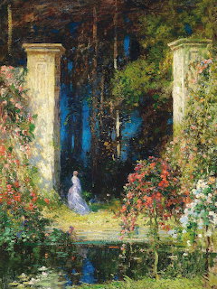 Painting of a woman in white at a flower-covered stone gateway surrounded by colorful blooms