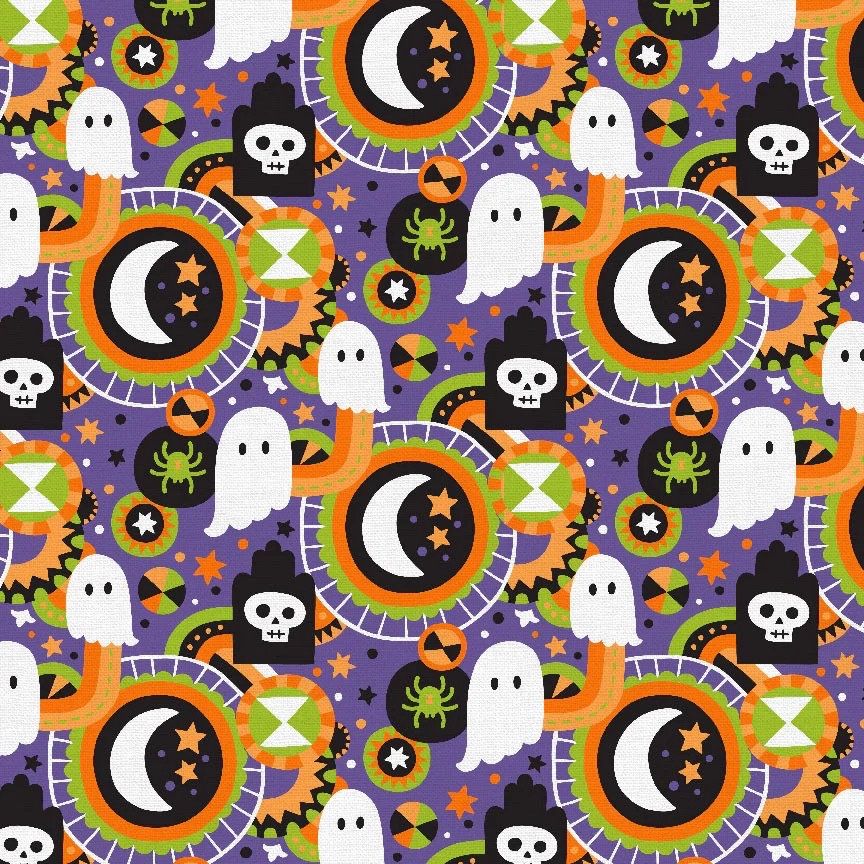 Halloween pattern with ghosts, skulls, moons, and candy on purple background