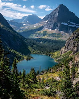 Turquoise alpine lake surrounded by steep rocky mountains and evergreen trees in Glacier National Park