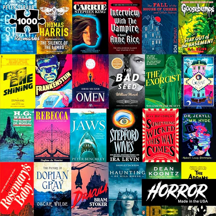Grid collage of vintage and modern horror book covers featuring famous titles like Carrie, Jaws, The Omen, and Goosebumps