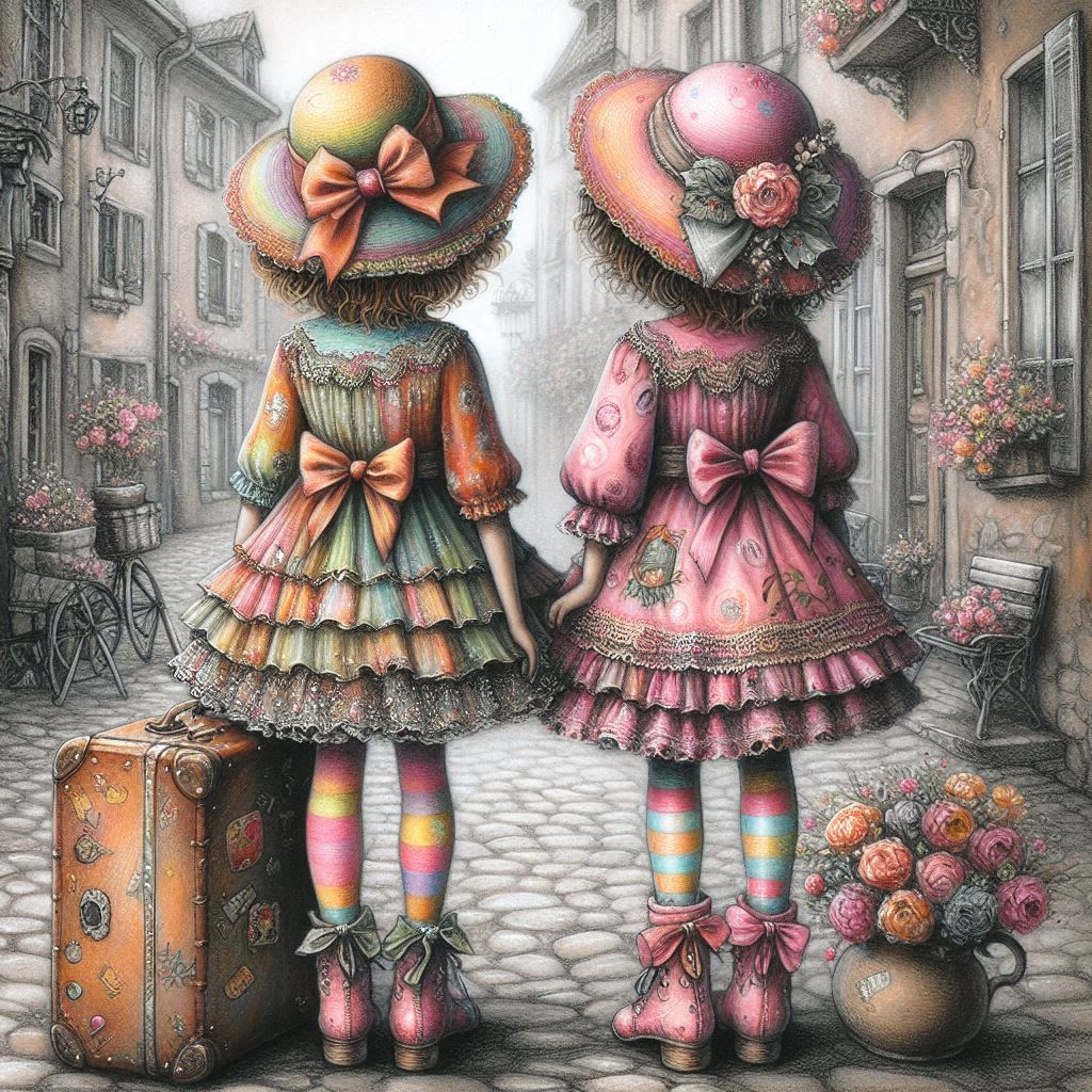Two girls in vintage dresses and hats stand on a cobblestone street beside a suitcase and flowers