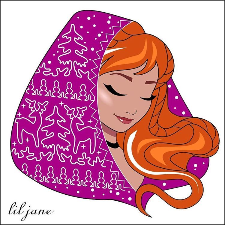 Cartoon portrait of Anna from Frozen in a purple patterned hood with flowing orange hair