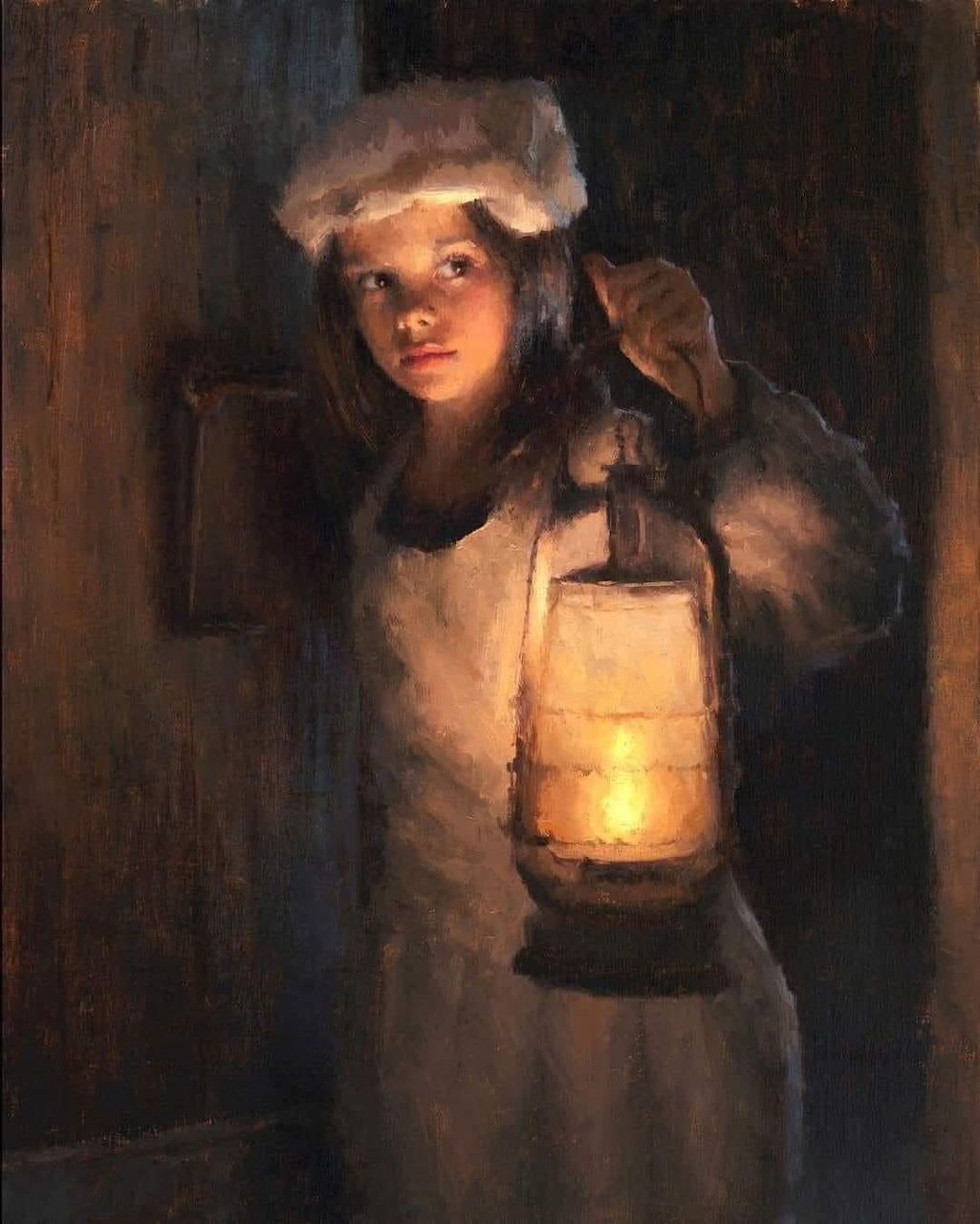 Oil painting of a girl in a white bonnet holding a lit lantern in a dark doorway