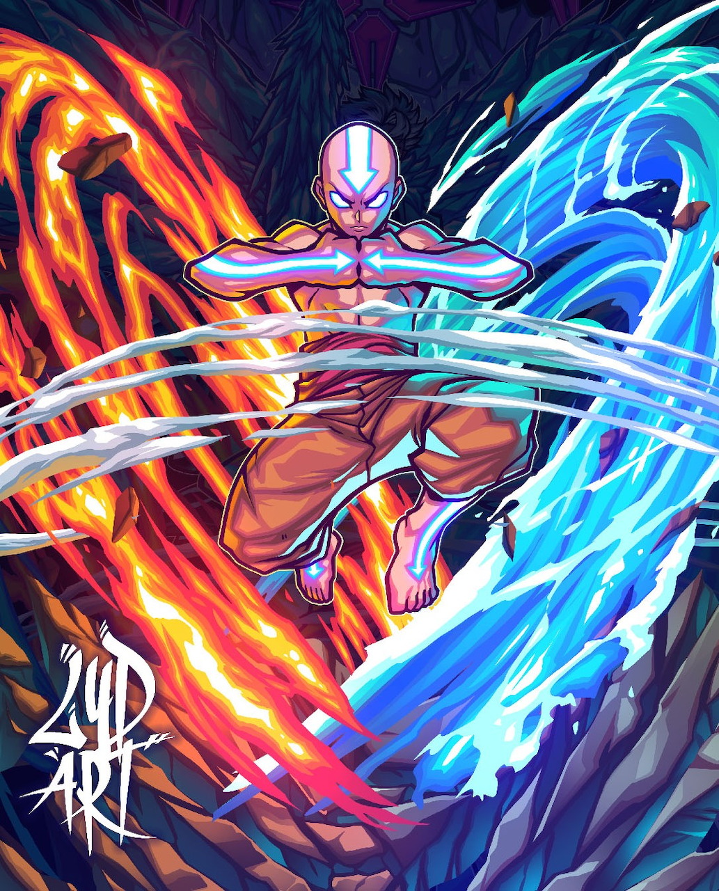 Young airbender Aang with blue arrow tattoo on his bald head