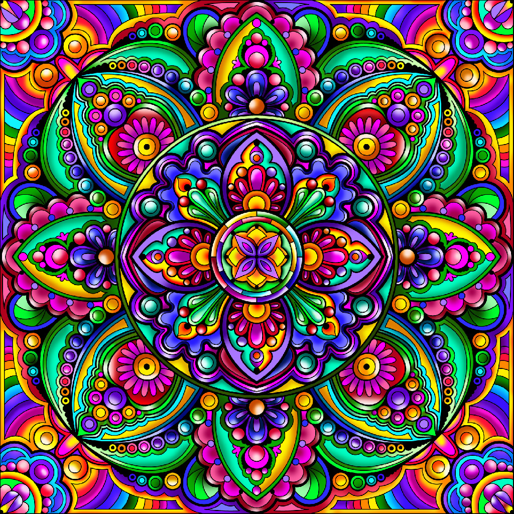 Colorful symmetrical mandala with paisley and floral patterns in rainbow colors