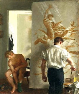 Painter working on a large classical painting in a studio with a seated nude male model