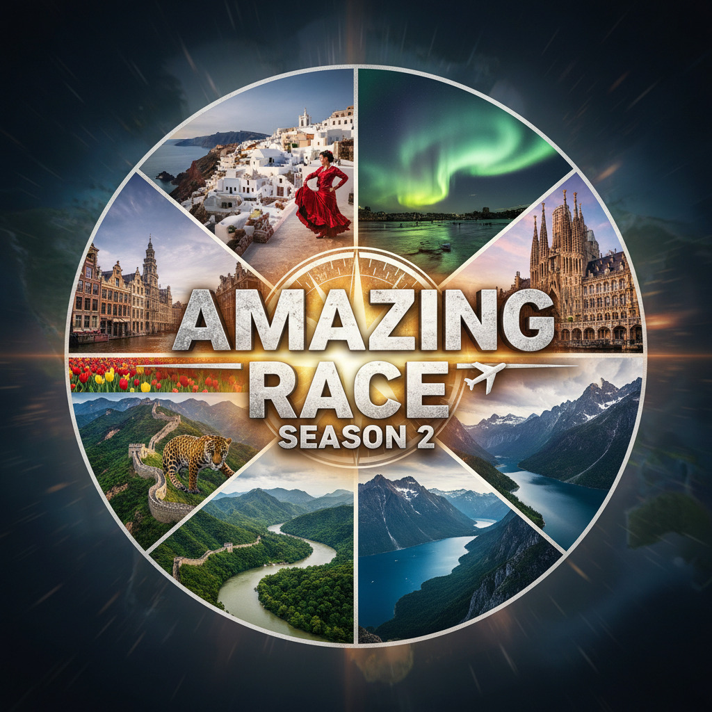 Amazing Race Season 2 circular logo with travel destination photos in segments