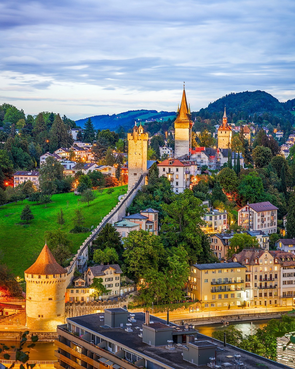 Chapel Bridge and Water Tower over Reuss River in Lucerne, Switzerland