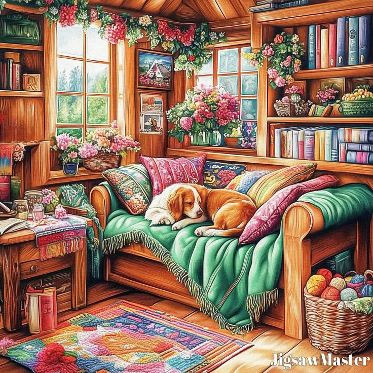 Golden dog sleeping on floral sofa in cozy wood-paneled reading nook with books, flowers, and colorful textiles