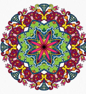 Symmetrical mandala with colorful floral patterns and geometric shapes in red, green, yellow, and blue