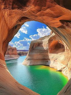 Sandstone cave opening framing turquoise water and layered rock formations at Lake Powell, Utah