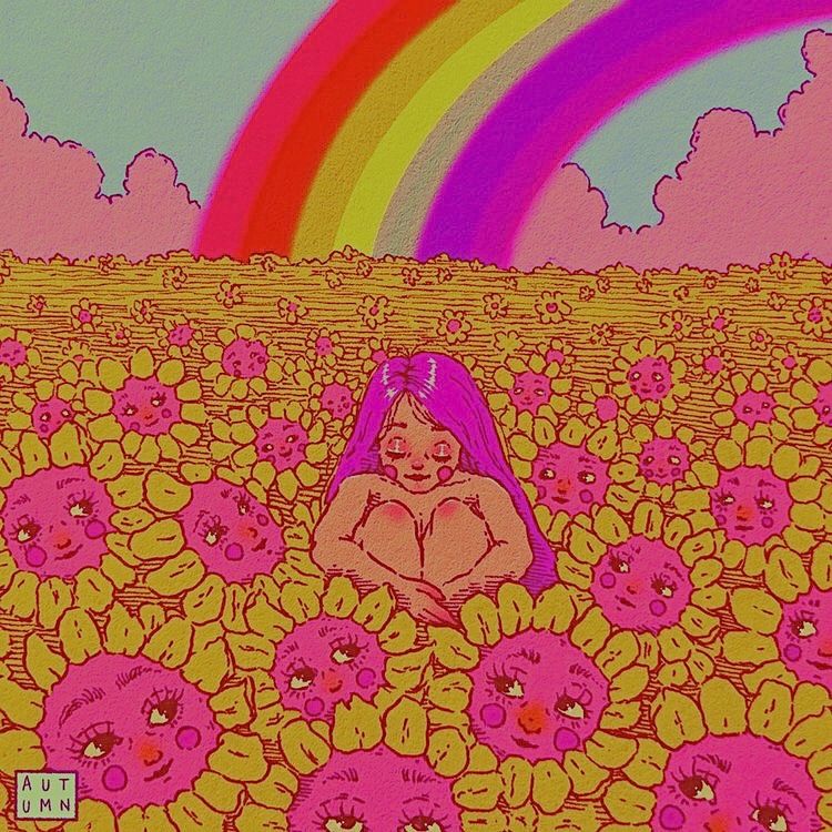 Girl in Sunflower Field Rainbow