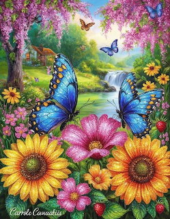 Colorful garden with blue butterflies, sunflowers, pink flowers, and a stream surrounded by flowering trees