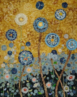 Mixed media art of stylized blue circular flowers on stems against golden textured background