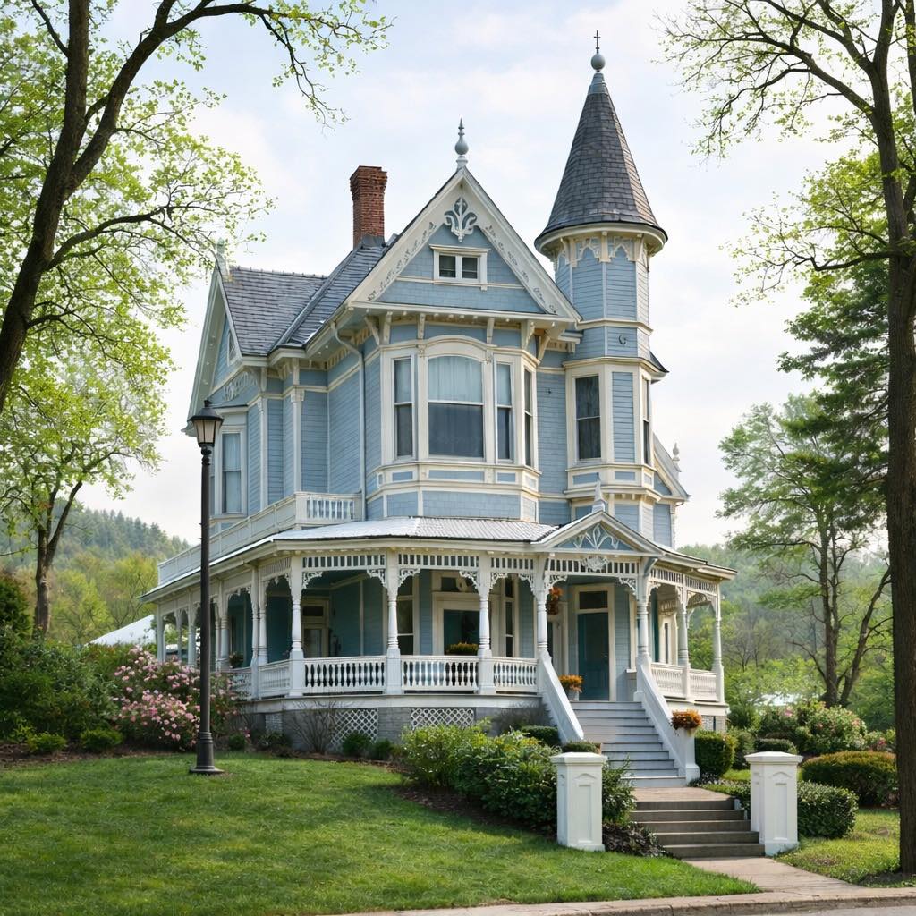 Light blue Victorian house with conical turret, wraparound porch, and ornamental details on green lawn