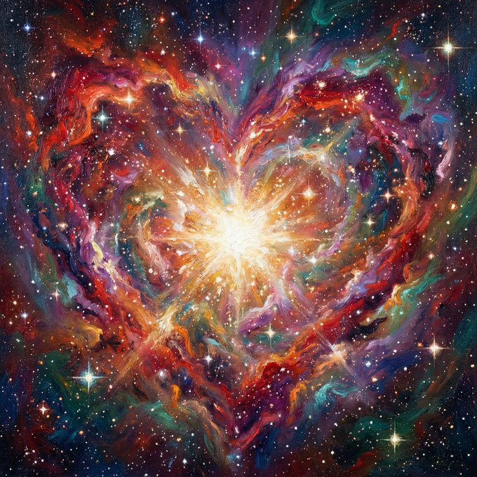 Heart-shaped nebula with bright center and colorful swirling gases in space