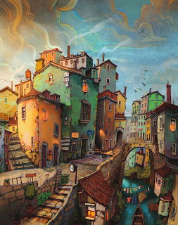 Colorful illustration of a quaint village with tall buildings, stone stairs, a canal, lanterns, and a swirling sky