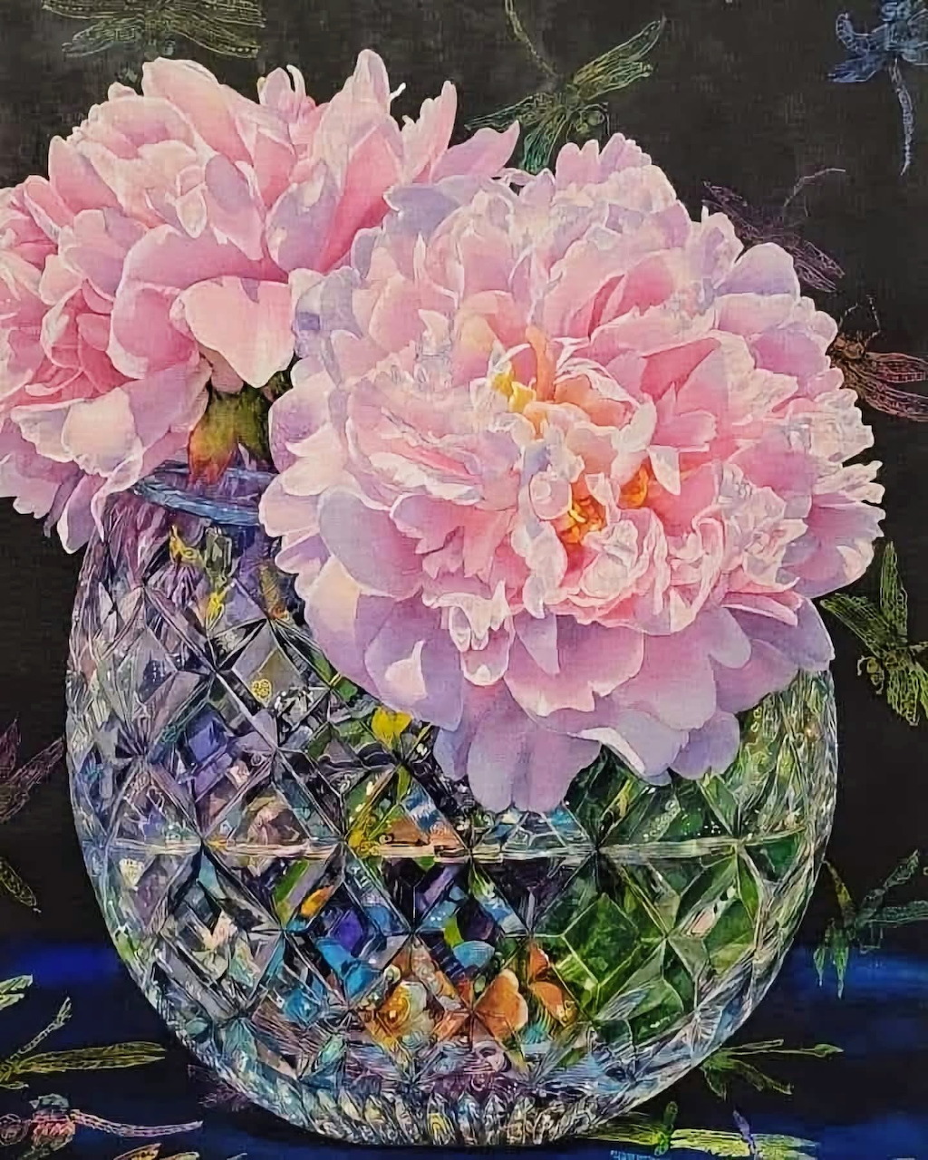 Still life painting of pink peonies in a cut crystal bowl against a dark background