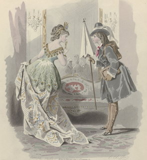 Vintage French illustration of a woman in an elaborate gown speaking with a costumed figure holding a flag staff