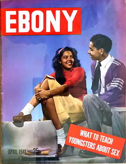 Vintage Ebony magazine cover from April 1949 showing a young couple sitting together and smiling