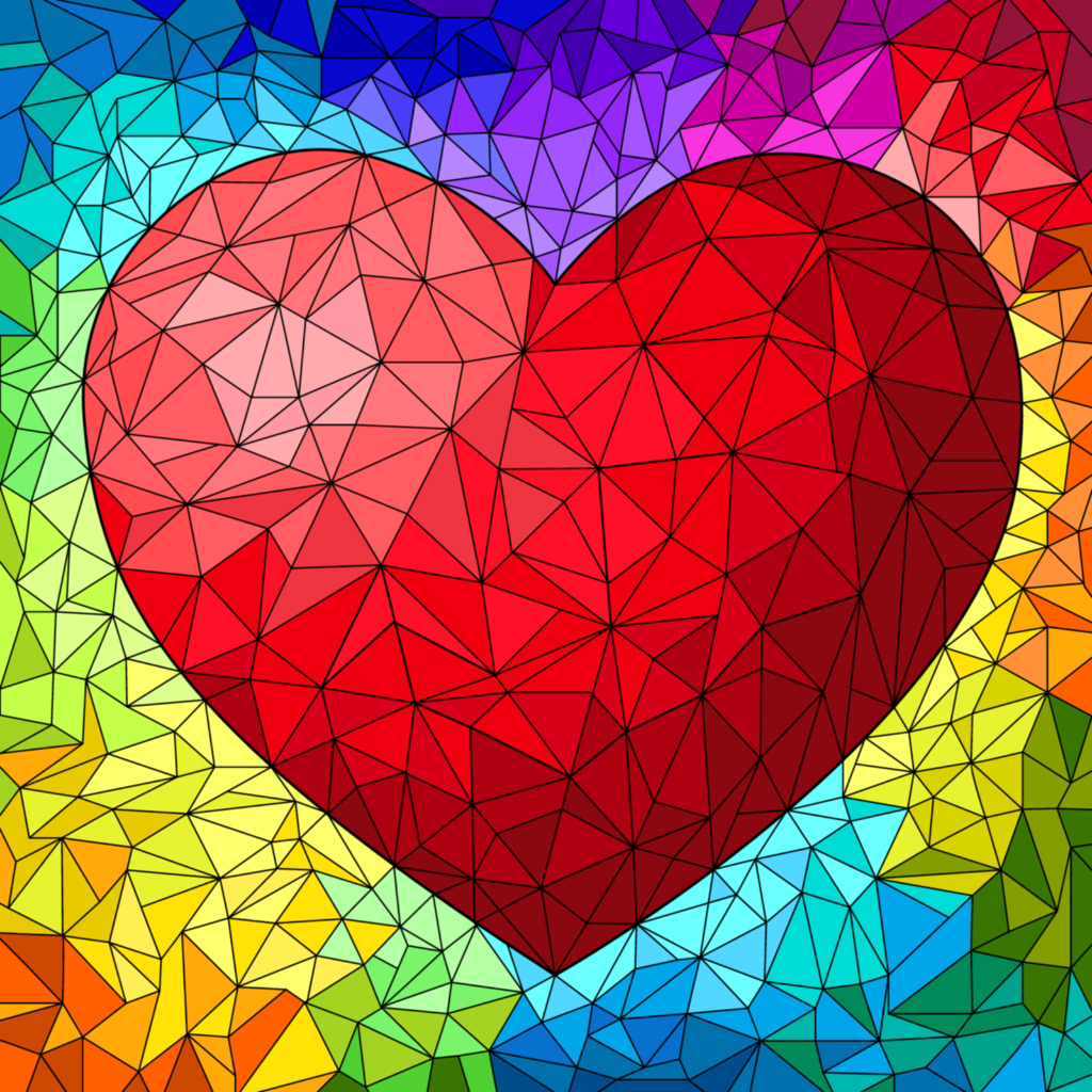 Red geometric heart shape on rainbow polygon background