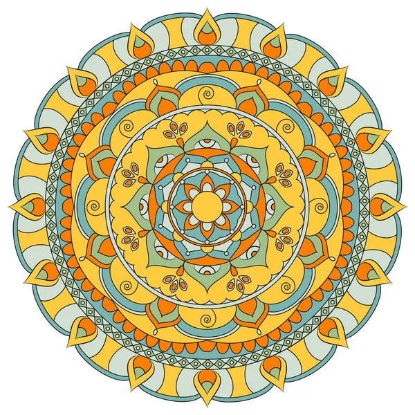 Circular mandala with orange, yellow, and blue symmetrical patterns radiating from center