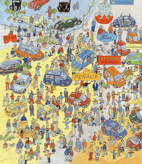 Illustrated overhead view of busy auto show with many cars, booths, and people