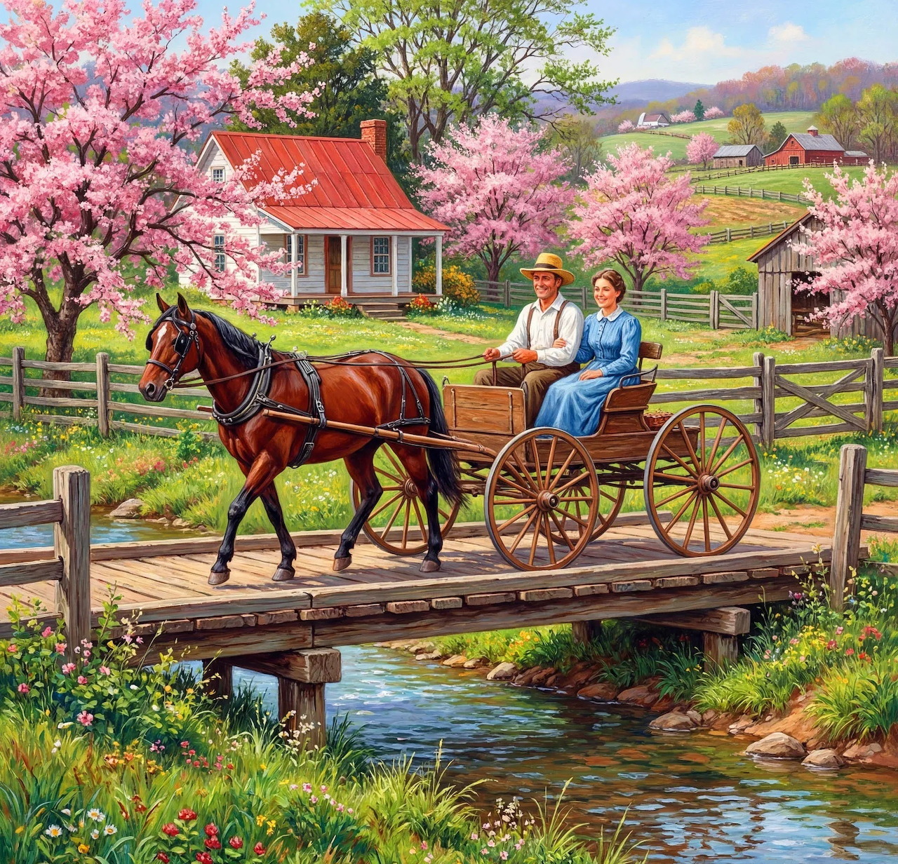 Couple riding horse-drawn carriage over bridge near cottage with pink spring blossoms