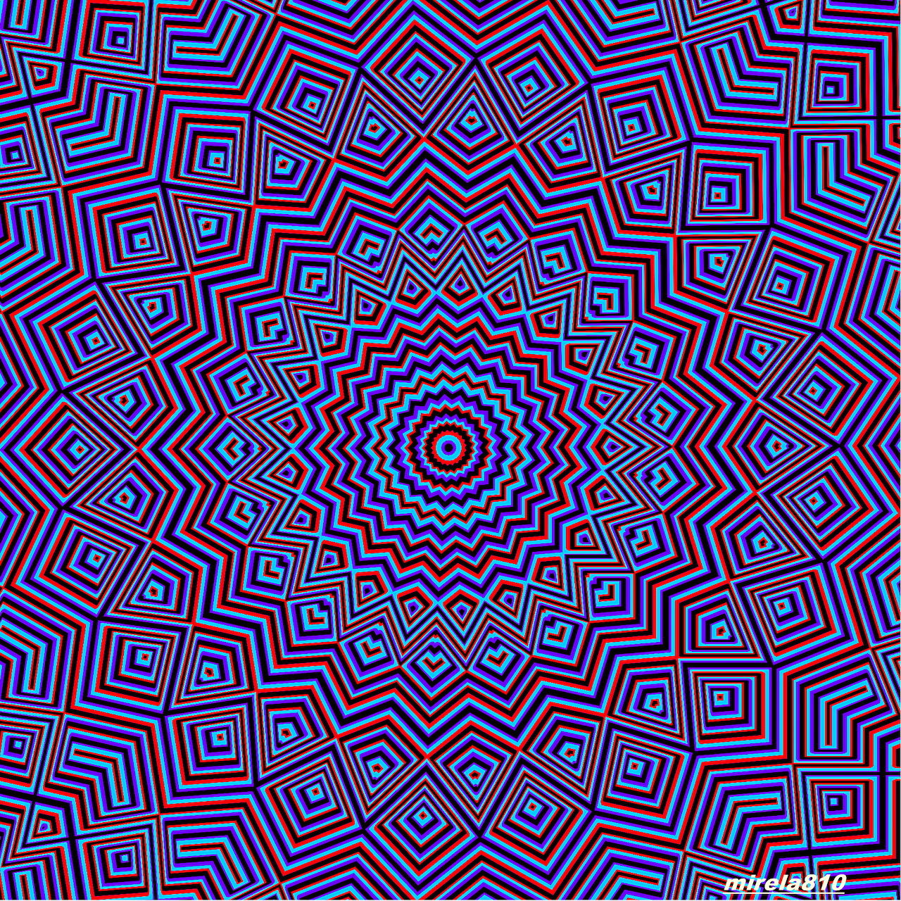 Geometric mandala with red, blue and white concentric symmetrical patterns radiating from center