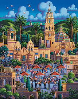 Colorful illustration of Balboa Park in San Diego with Spanish Colonial buildings, palm trees, and visitors