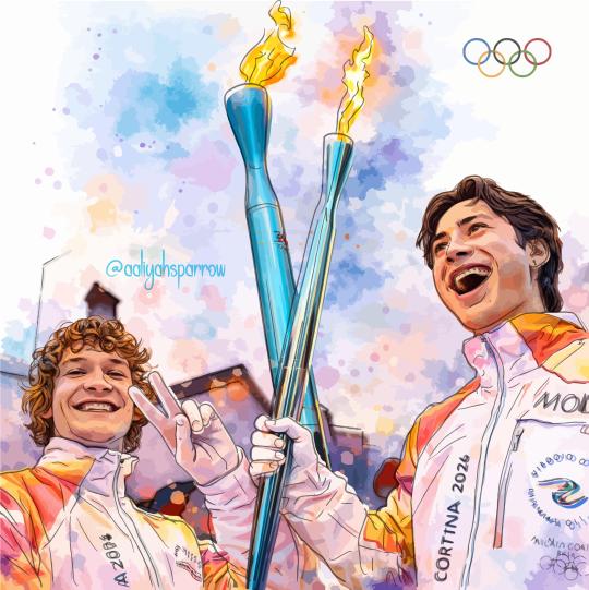 Stylized image of two smiling athletes holding Olympic torches with Olympic rings above