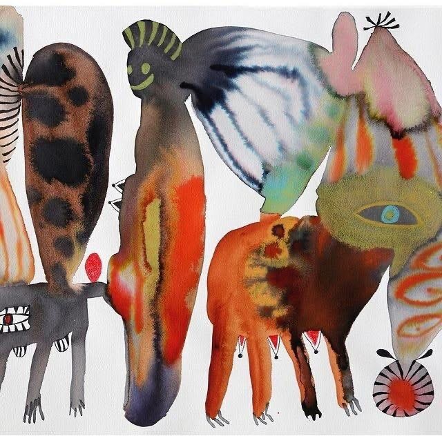 Watercolor painting of stylized animals with bold patterns and colors on white background