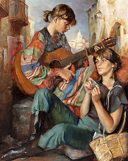 Painting of a guitarist and seated companion in colorful clothing with a woven basket