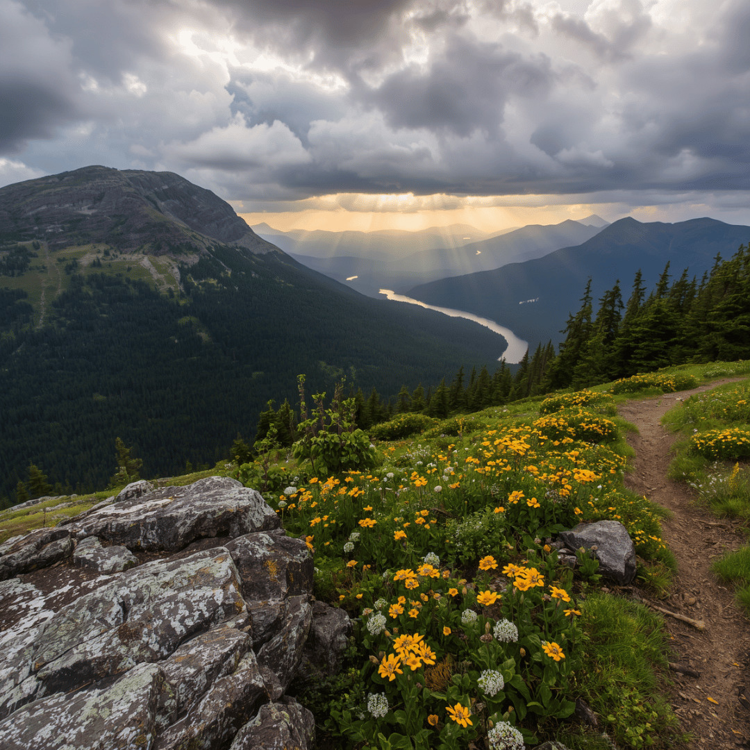 Mountain valley with sun rays, winding river, rocky trail, and yellow wildflowers under cloudy skies