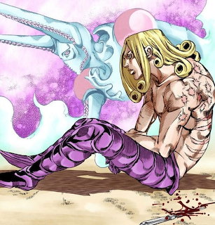 Anime illustration of Funny Valentine sitting on the ground with a blue humanoid figure behind him