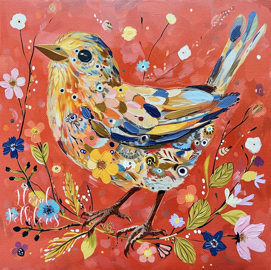 Ornately patterned bird with floral motifs on branch against coral background with decorative flowers