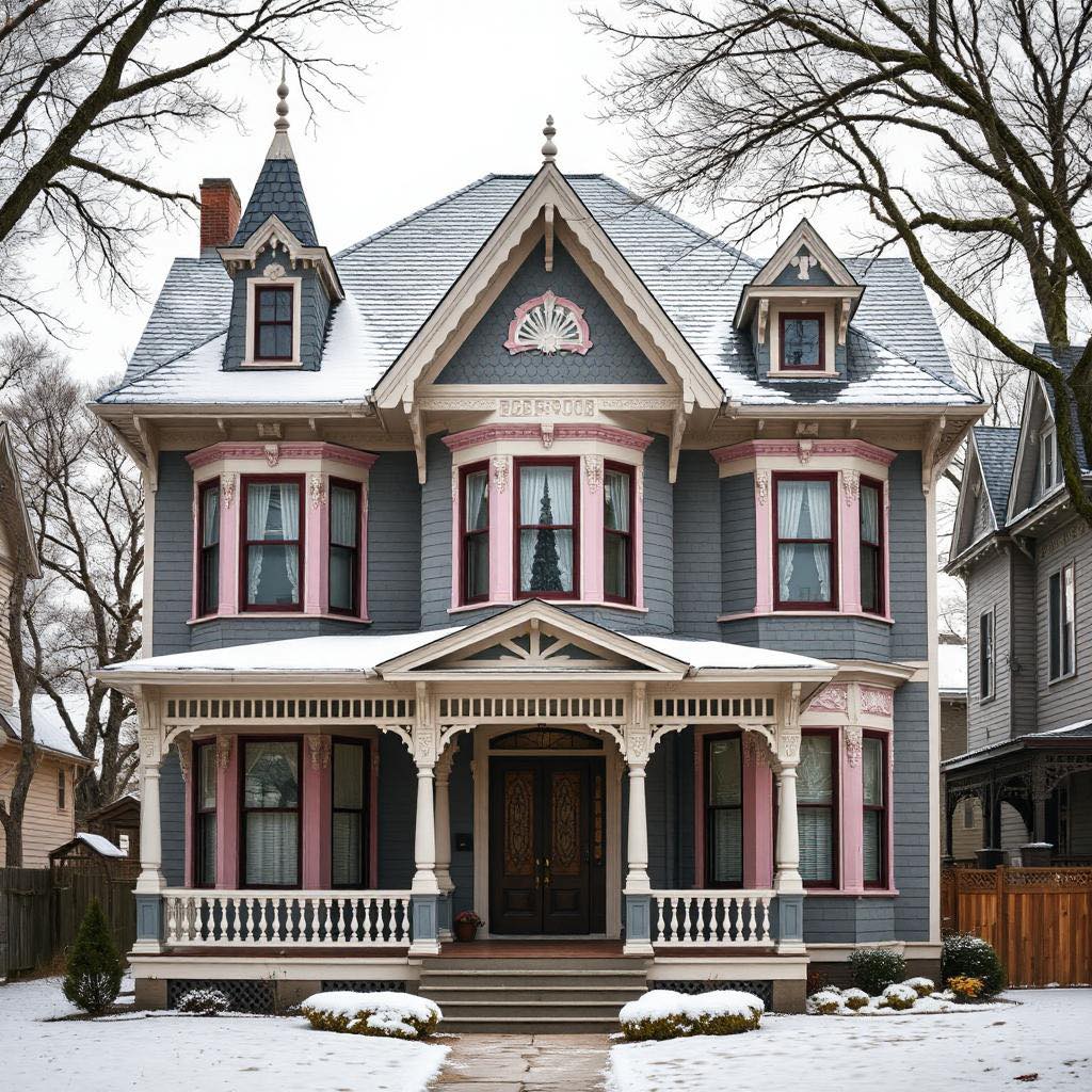 Pink Victorian house with decorative gables and wrap-around porch in winter snow