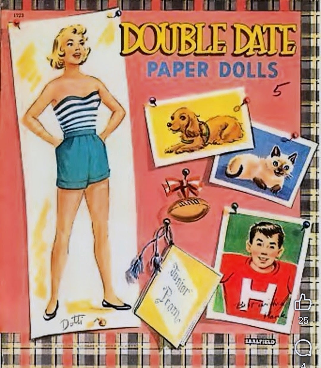 Vintage Double Date paper dolls book cover with illustrated girl, boy, pupy, kitten, and plaid background