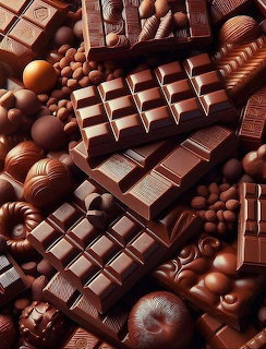 Overhead view of assorted chocolate bars, truffles, and pralines in milk and dark chocolate